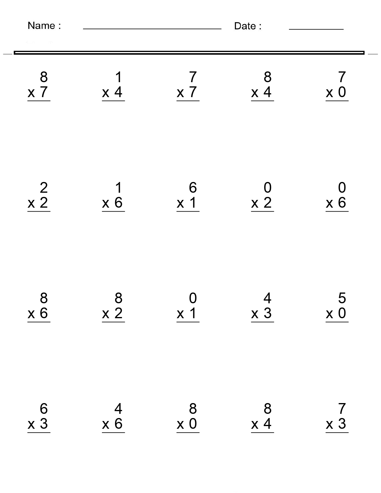 0 and 1 multiplication worksheets