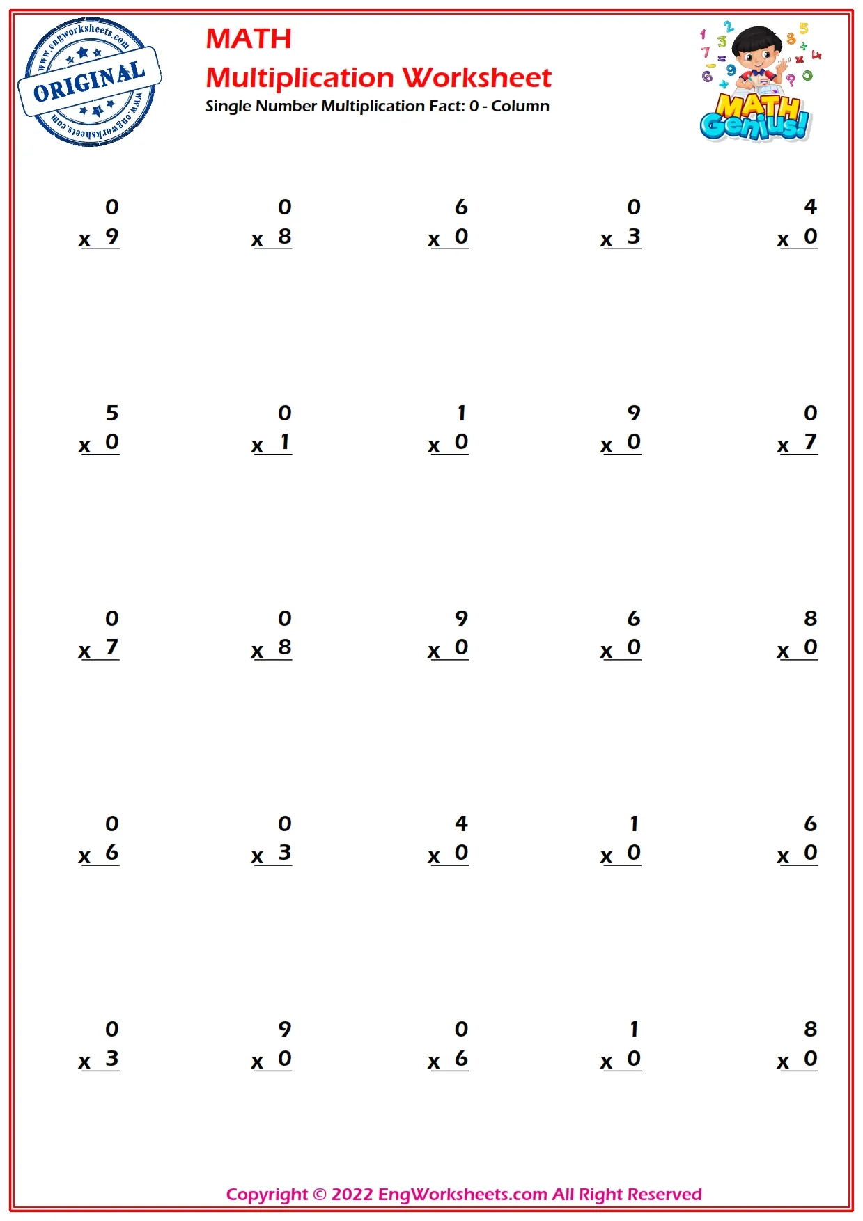 Single Number Multiplication Fact 0 Column EngWorksheets Images Preview