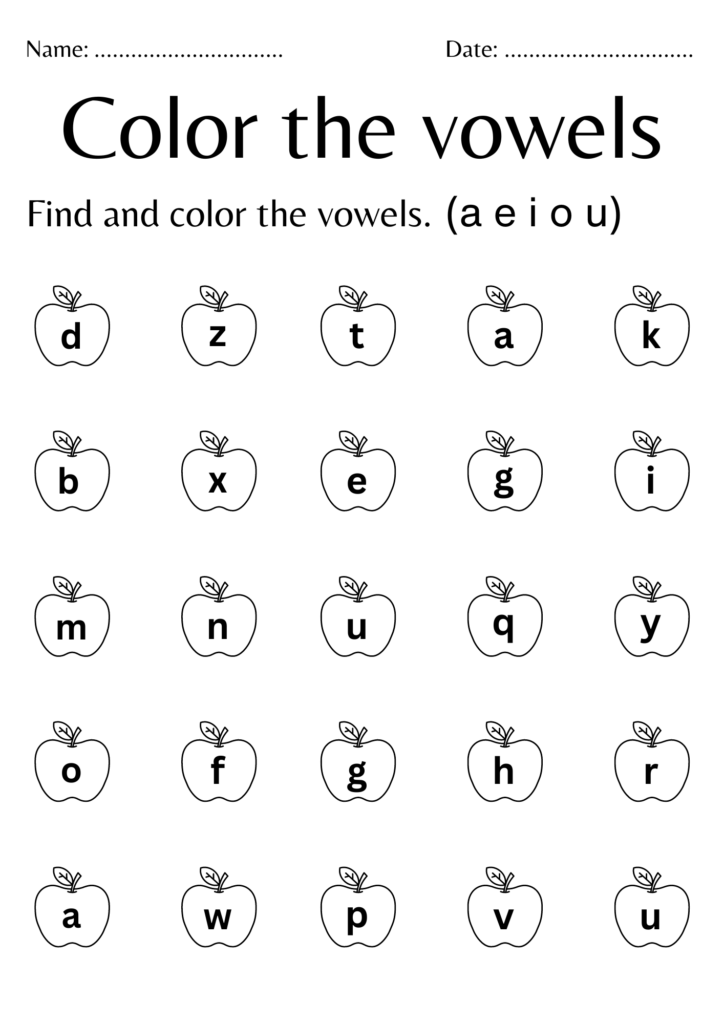 A young student pointing at colorful vowel letters on a printed page.