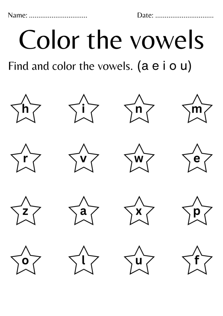 A desk showing alphabet blocks alongside a completed vowel matching exercise.
