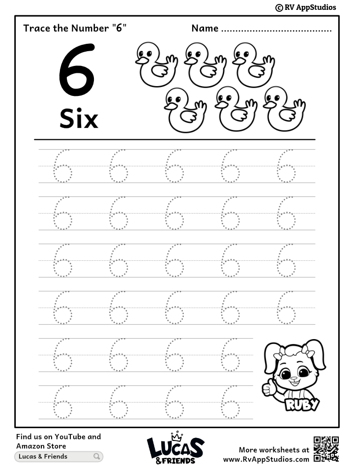 Young child holding a pencil while carefully tracing the number six