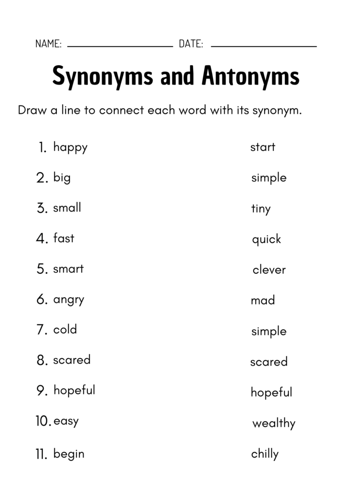 Close up of a science worksheet focused on matching vocabulary words