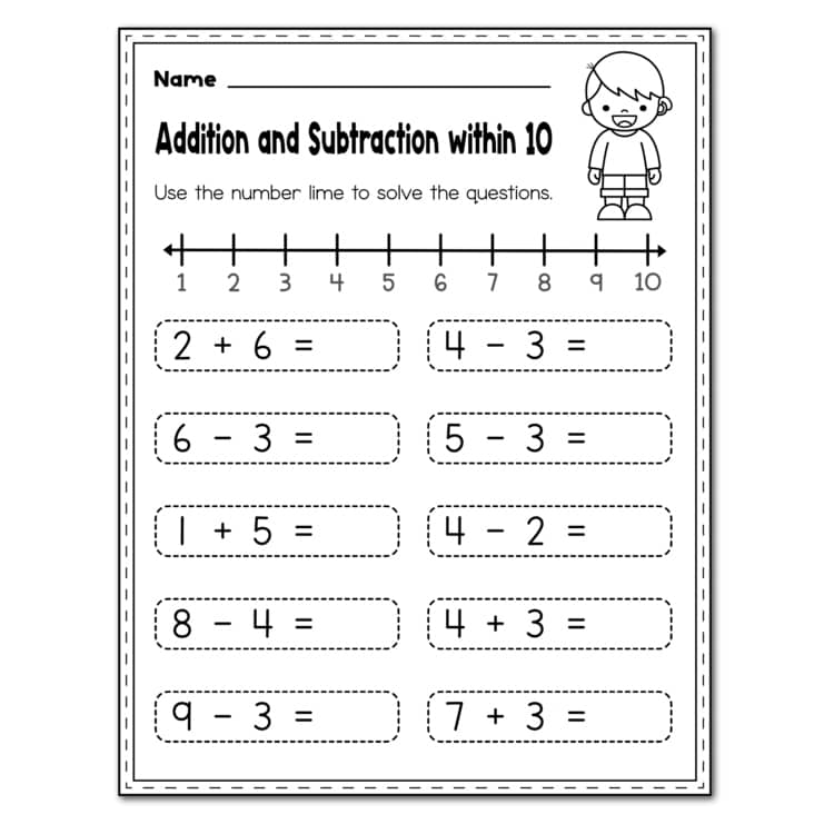 A young child pointing at colorful numbers on a math page