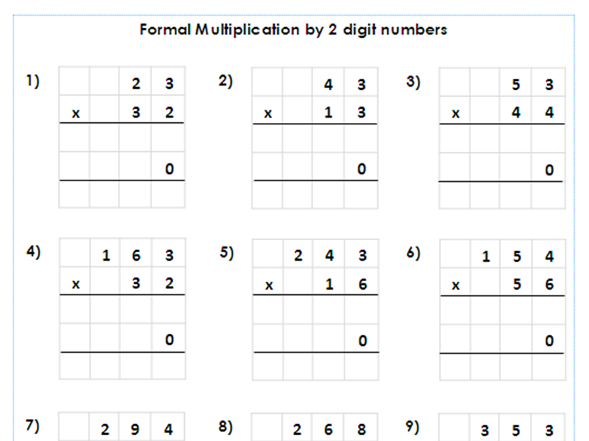 A student using a pencil to solve long multiplication problems on paper