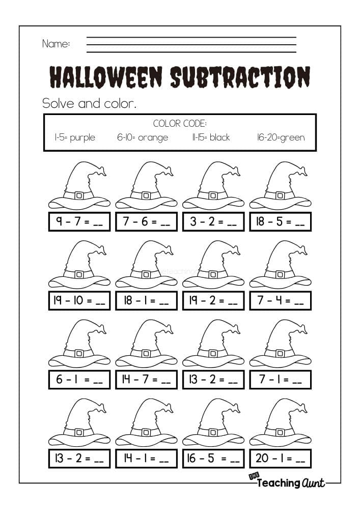A colorful kindergarten worksheet featuring letters surrounded by friendly Halloween icons.