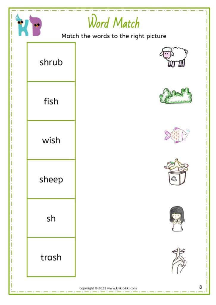 A student carefully circling words starting with the SH sound