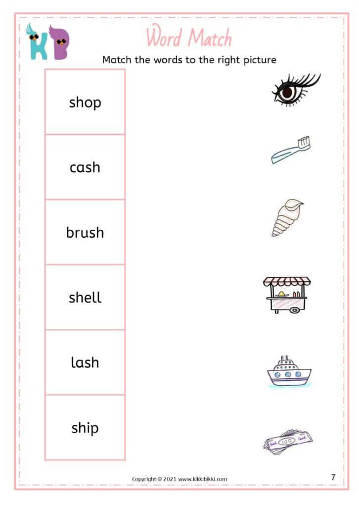 Hands holding flashcards with SH words and colorful illustrations