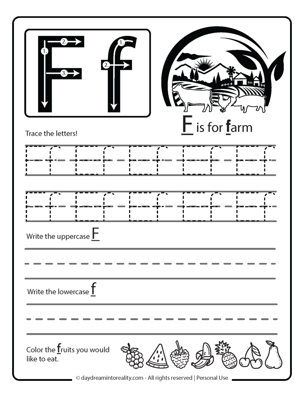 Close up of a child using a pencil to trace the letter F