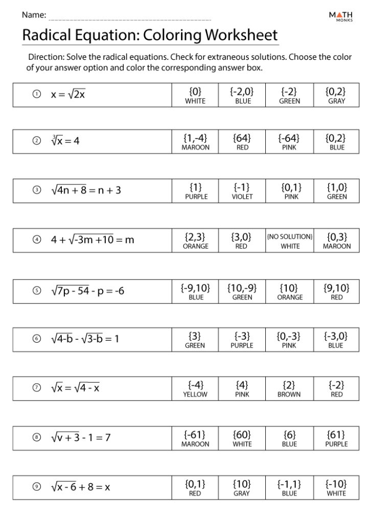 Close up of an algebra worksheet showing solved radical equations