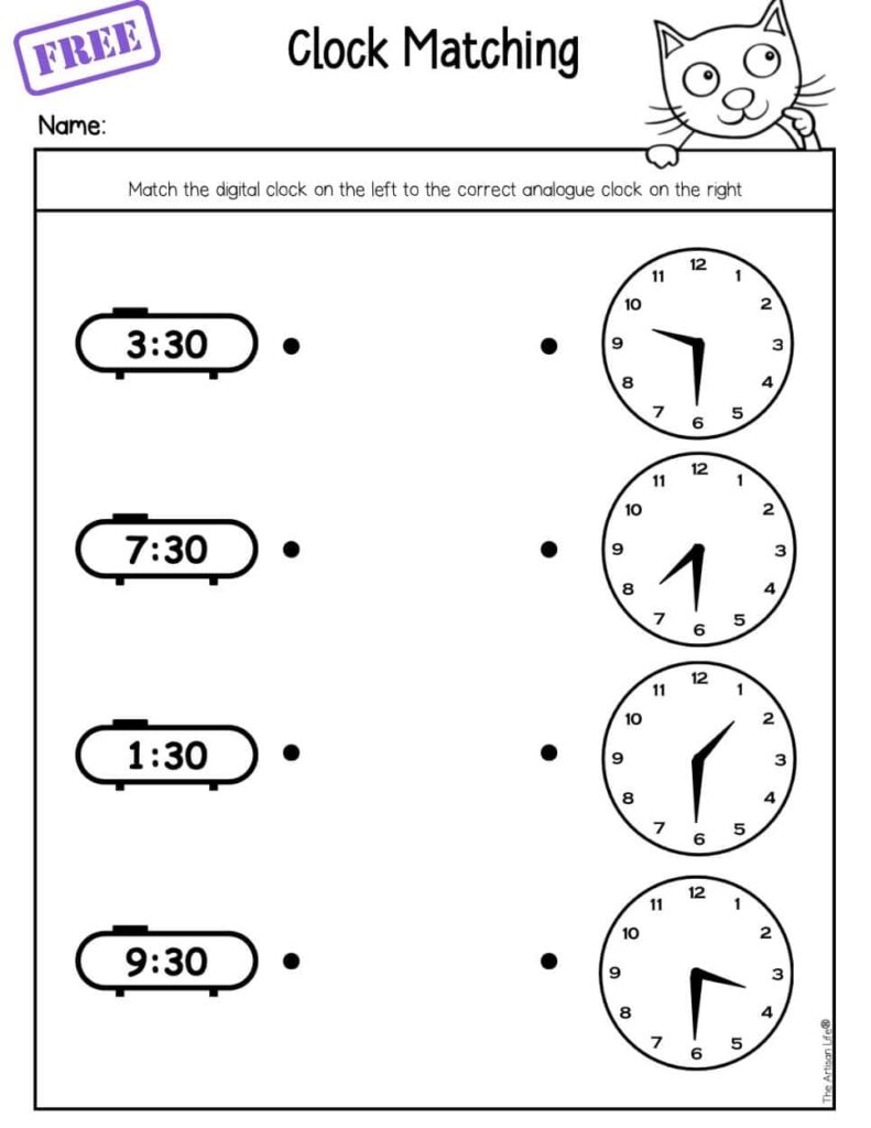 A close up of a primary student writing the correct time on a math worksheet