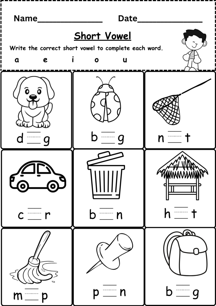 Wooden letter blocks laid out next to a printed CVC activity sheet