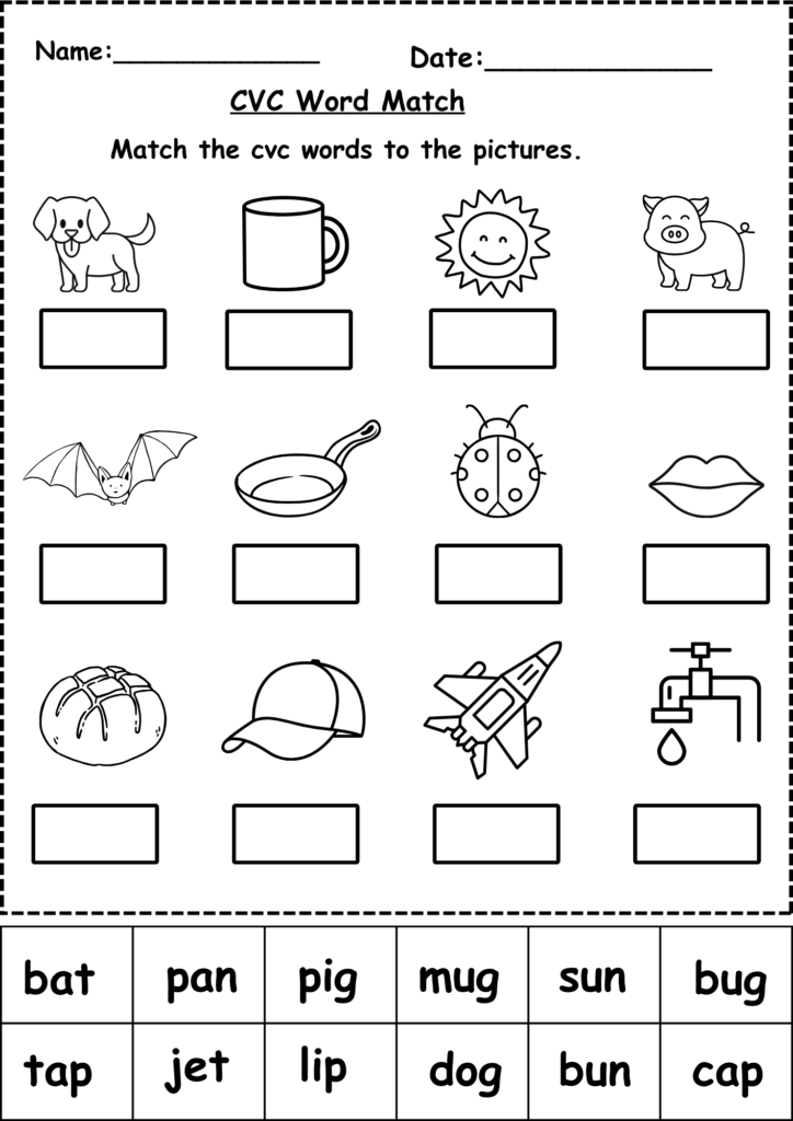 A kindergarten student pointing at a worksheet with simple three-letter words