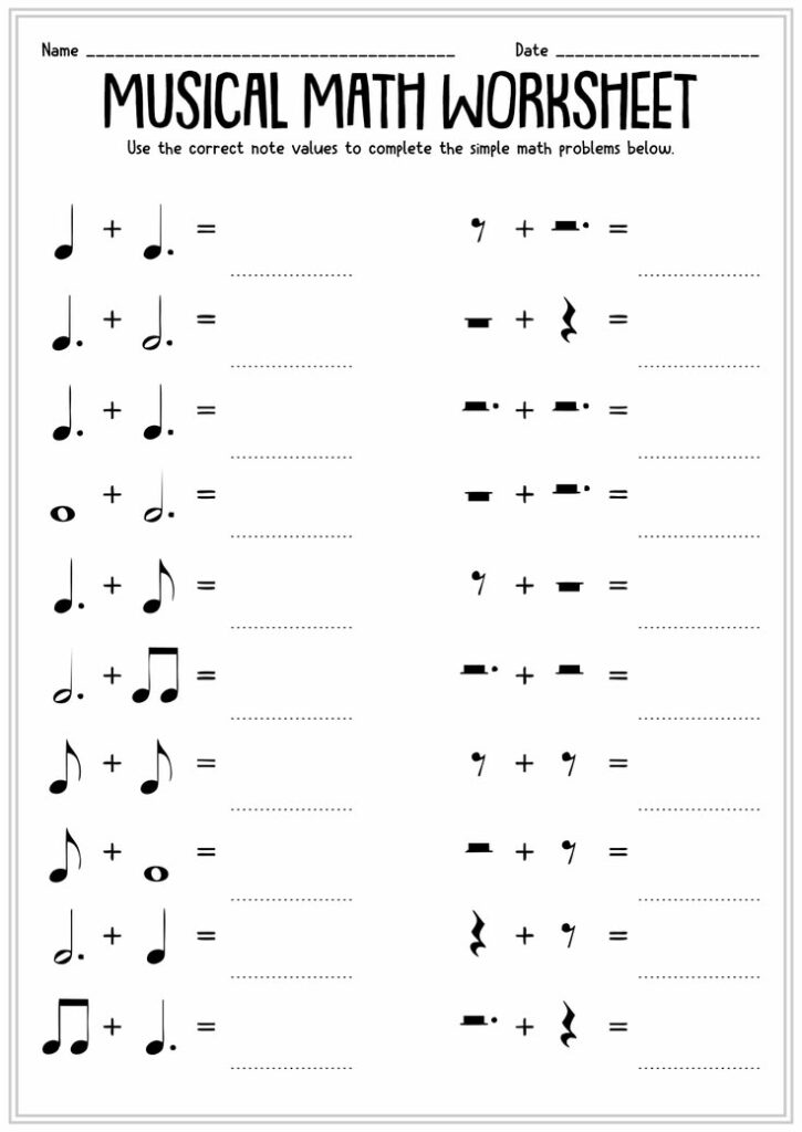 A student filling out a worksheet connecting musical notes to fractional math values