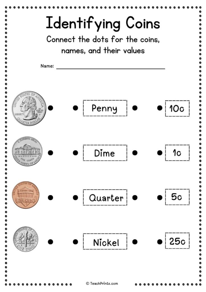 Young student pointing at a worksheet while holding a shiny dime