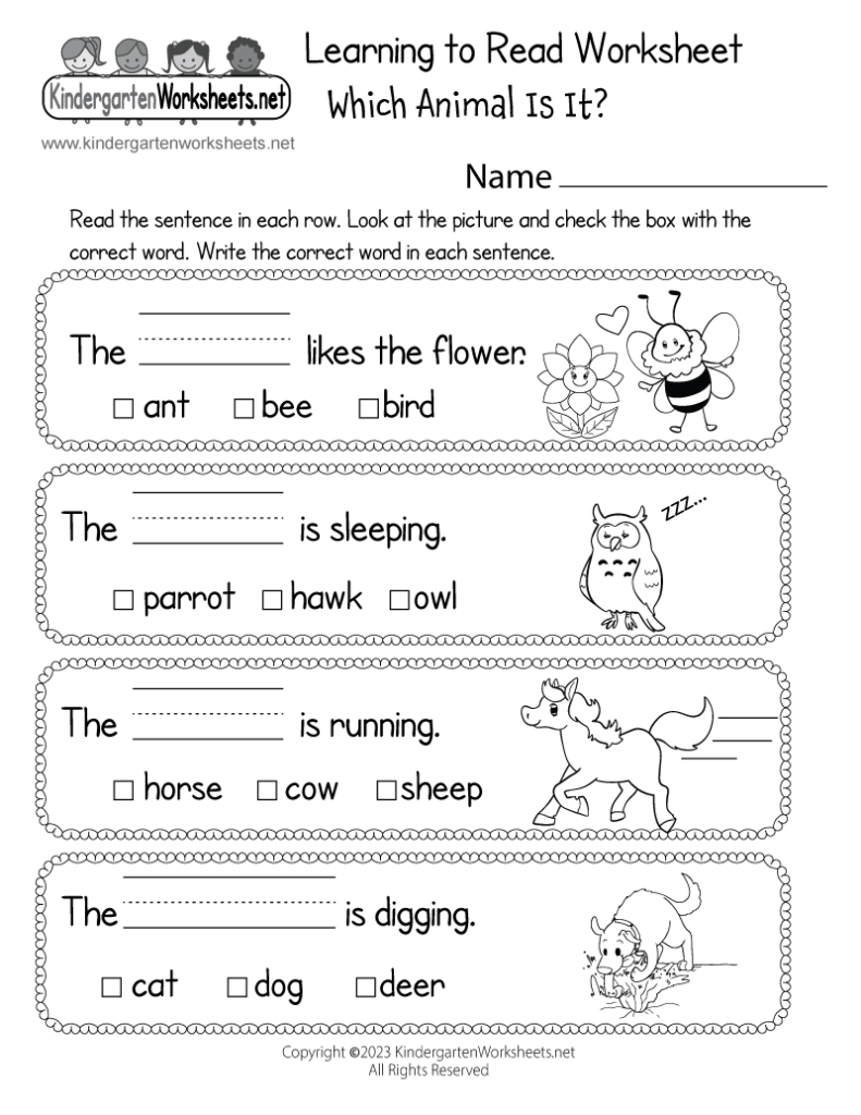 A completed kindergarten literacy worksheet showing correct letter matches and drawings