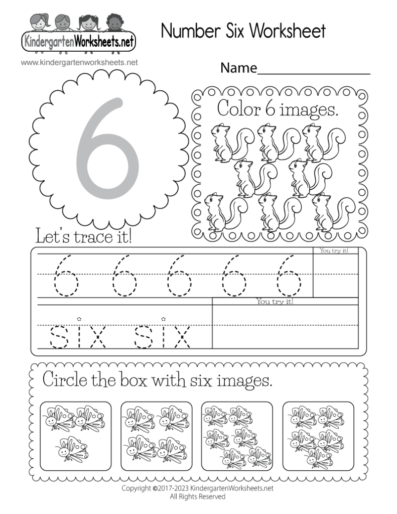A colorful printable page featuring tracing lines for the number six