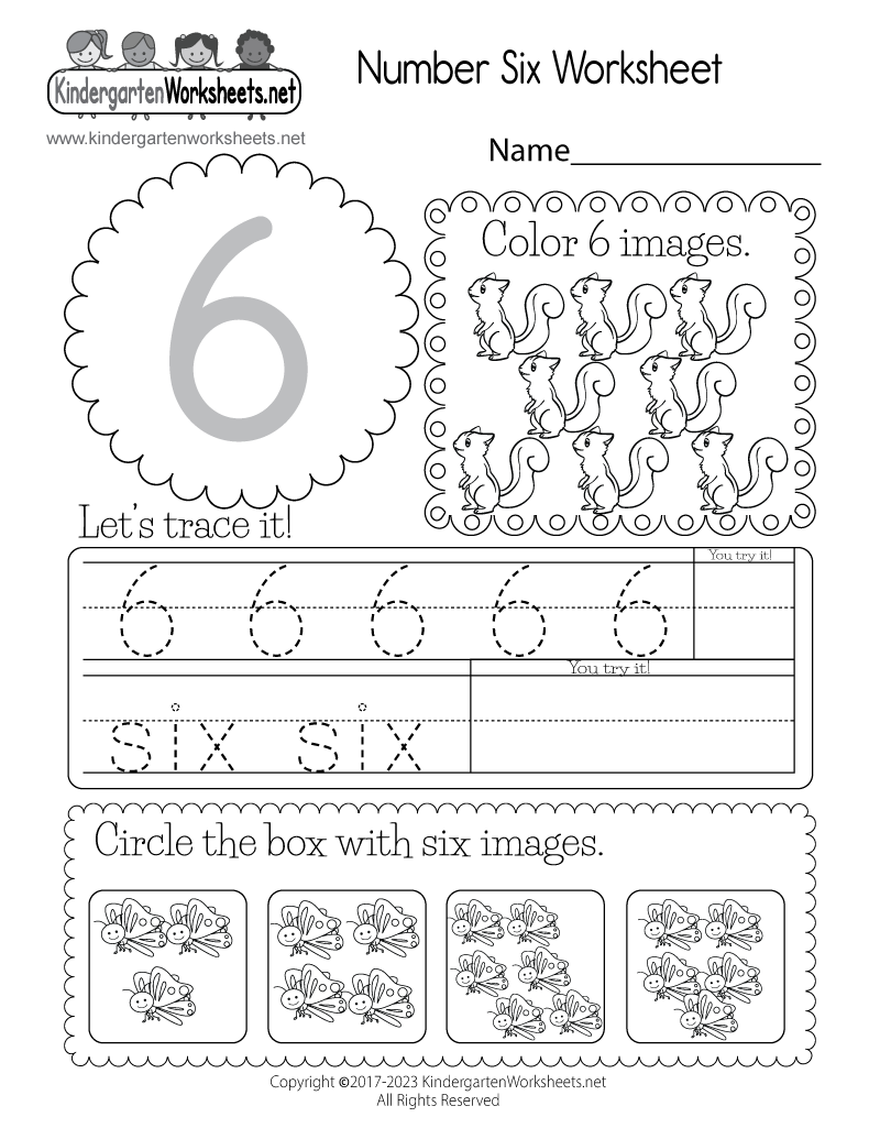 A colorful printable page featuring tracing lines for the number six